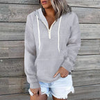 Plus size women's clothing hoodies casual home wear women's zipper hooded pockets solid color waffle grid long sleeved hoodies