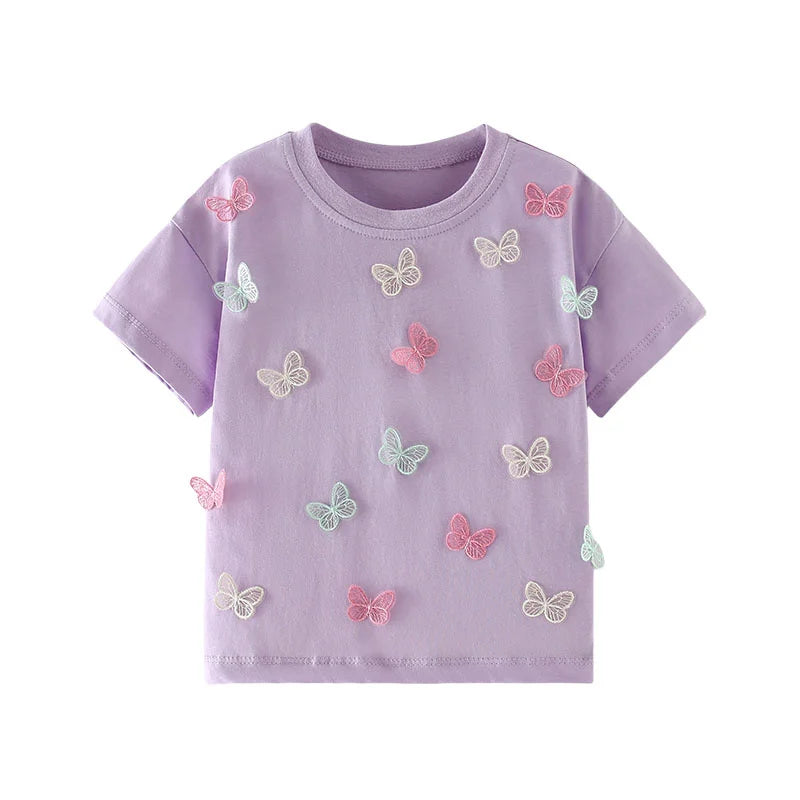 Jumping Meters 3-8T Animals Summer Girls Tshirts Butterflies Applique Short Sleeve Baby Clothes Embroidery Children's Tees