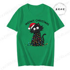 Women'S Casual Graphic T-Shirt - Meowy Christmas Print, Short Sleeve O Neck Top for Christmas Xmas T-Shirts Christmas Santa Tees