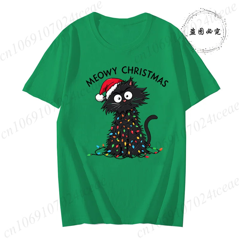 Women'S Casual Graphic T-Shirt - Meowy Christmas Print, Short Sleeve O Neck Top for Christmas Xmas T-Shirts Christmas Santa Tees