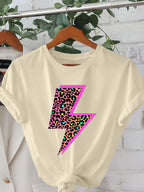 Women's Cheetah Neon Lightning Bolt Graphic Sleeve Round Neck Casual Top Vibrant Pink & Yellow on Lightweight Summer Spring Tee