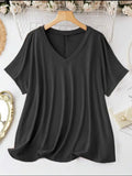 New Plus Size European and American Women's Casual V-neck Solid Color T-shirt