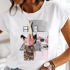 Sweet Wine Plus Size T-Shirt Women Clothing Print Girl 90s Cartoon Printing Clothes Graphic Top Lady Female Tee