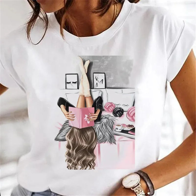 Sweet Wine Plus Size T-Shirt Women Clothing Print Girl 90s Cartoon Printing Clothes Graphic Top Lady Female Tee