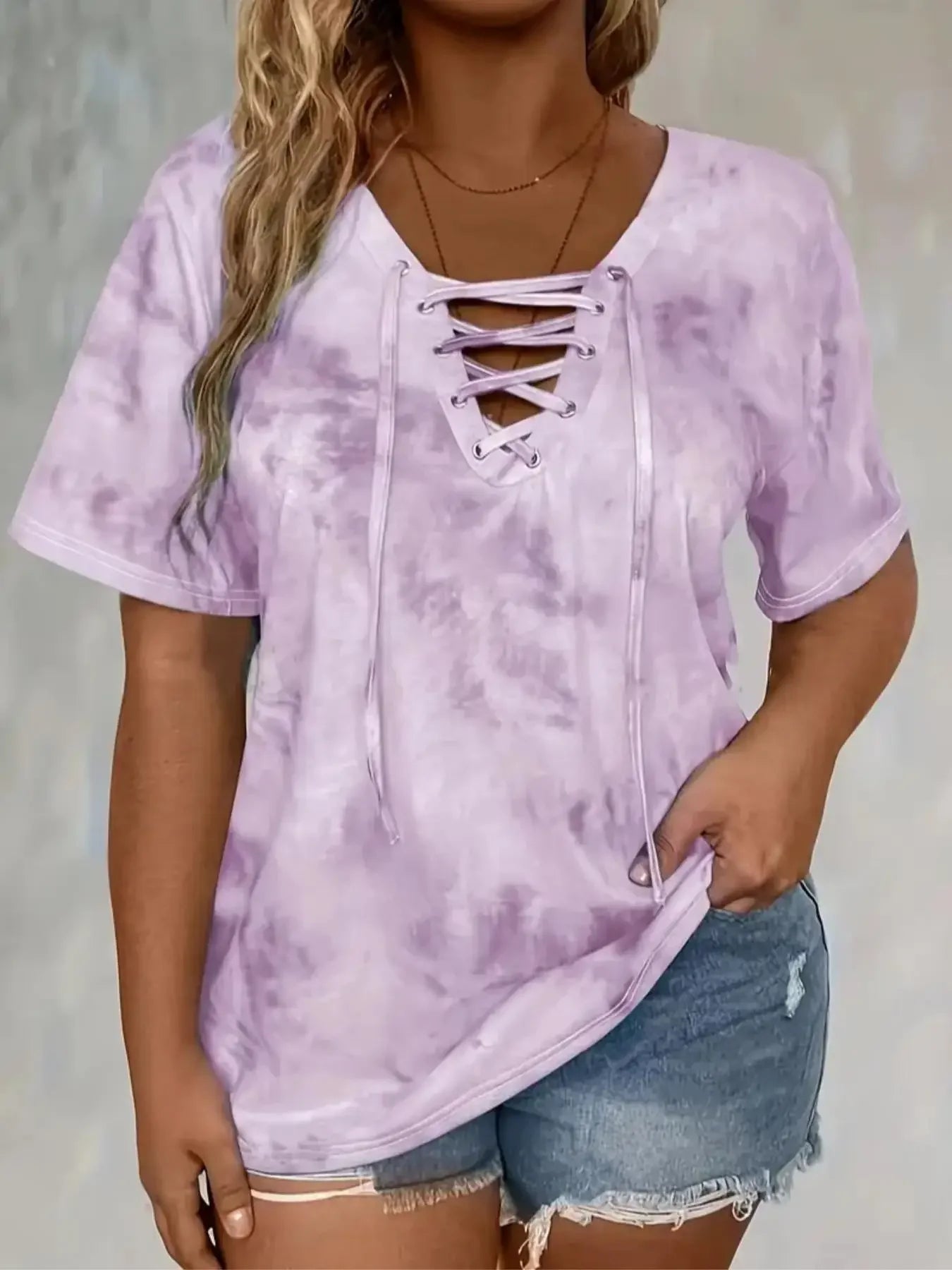 Plus Size Women's 1XL-5XL Fashion Tie Dye Print Short Sleeve T-Shirt Ladies Casual Loose Fit Tee with Lace-Up Drape Neck T-shirt