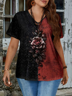 Plus Large size women's floral print V-neck short-sleeved T-shirt casual knitted micro-stretch top pullover