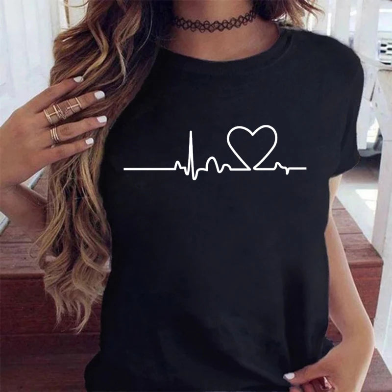 New Women T Shirt Cute Than Heart Printed T-shirt Fashion Love Heart Loose Short Sleevs Round Neck T-shirt Casual Female Tops
