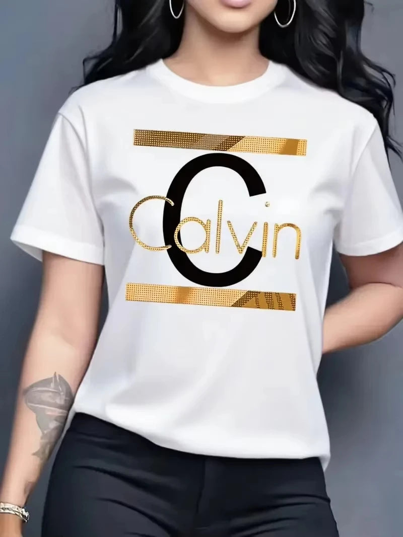 Hot Sale Women's Summer Fashion Casual Calvin Letter Pattern Print Loose Round Neck Short Sleeve Sportswear T-shirt Y2k Clothes