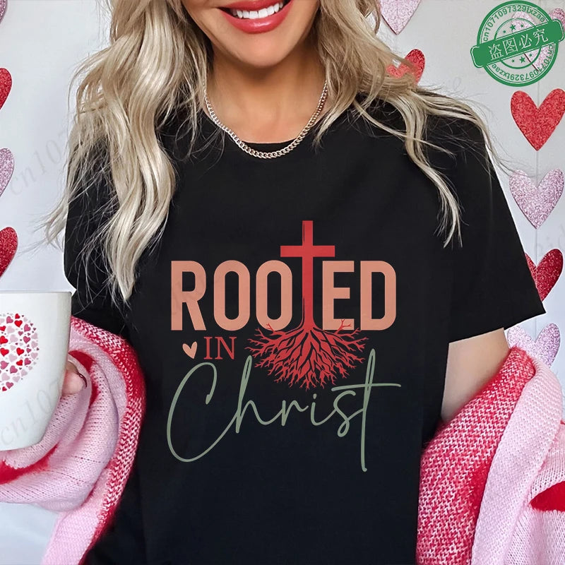 Rooted in Christ T-Shirt Women Vintage Tree Faith Root Graphic Tops Casual Christian Religious Short Sleeve Tee Female Clothing