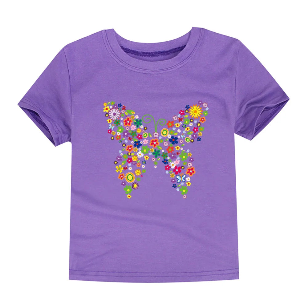 Girls Clothes 2 to 3 4 5 6 7 8 9 10 11 12 13 14 Years 100% Cotton 2024 Summer T Shirts Yellow Butterfly Floral Tee Shirt Tops