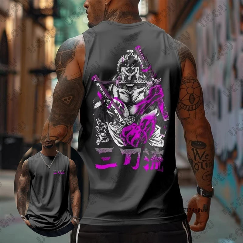 One Piece Anime Roronoa Zoro Print Sleeveless T-Shirt For Men Summer Sports Fitness Vest Tank Top Casual Oversized Unisex Tees