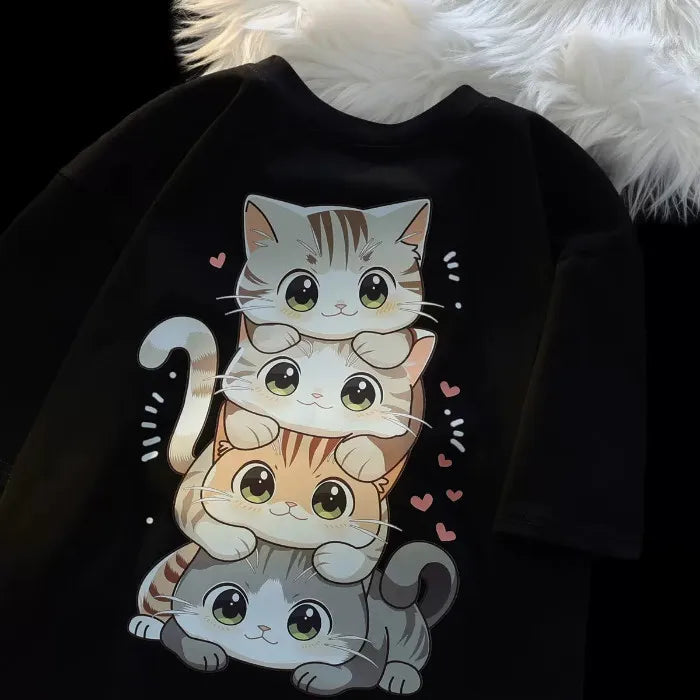 Summer Japanese Cute Cartoon Stacked Cat Printed Short-sleeved T-shirt for Ladies and Boys Same Loose Casual Large-size Top