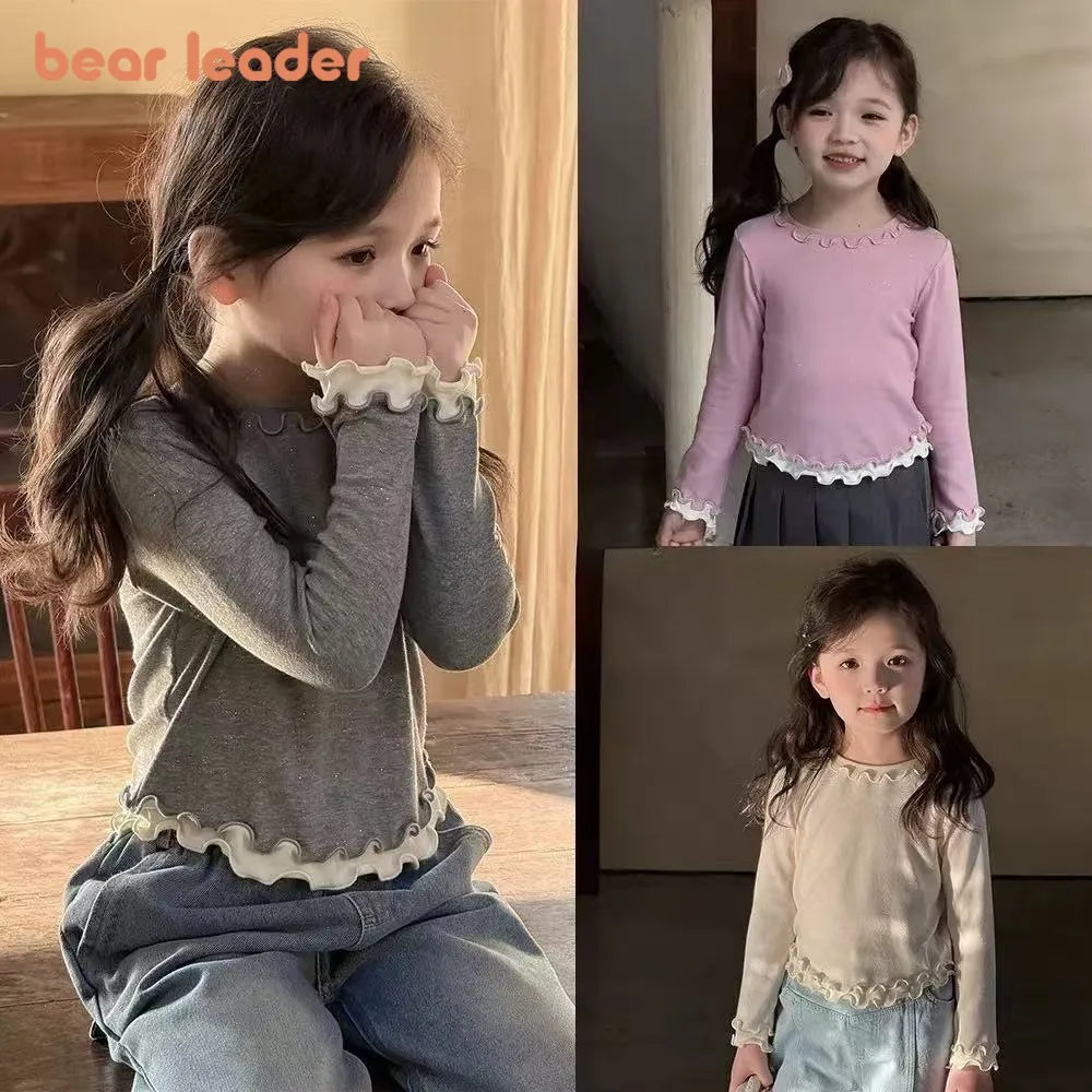 Bear Leader Spring and Autumn New Girls' Bottom Shirt Korean Edition Fashion Lace Splicing Fake Two Piece Long Sleeve T-shirt