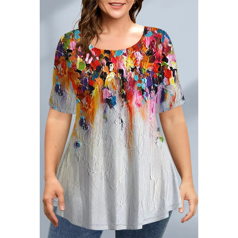 Large Size Loose Fit Women's T-shirt Summer New Short Sleeve Crewneck Tshirt Flower 3d Print Top Plus Size Ladies Clothing
