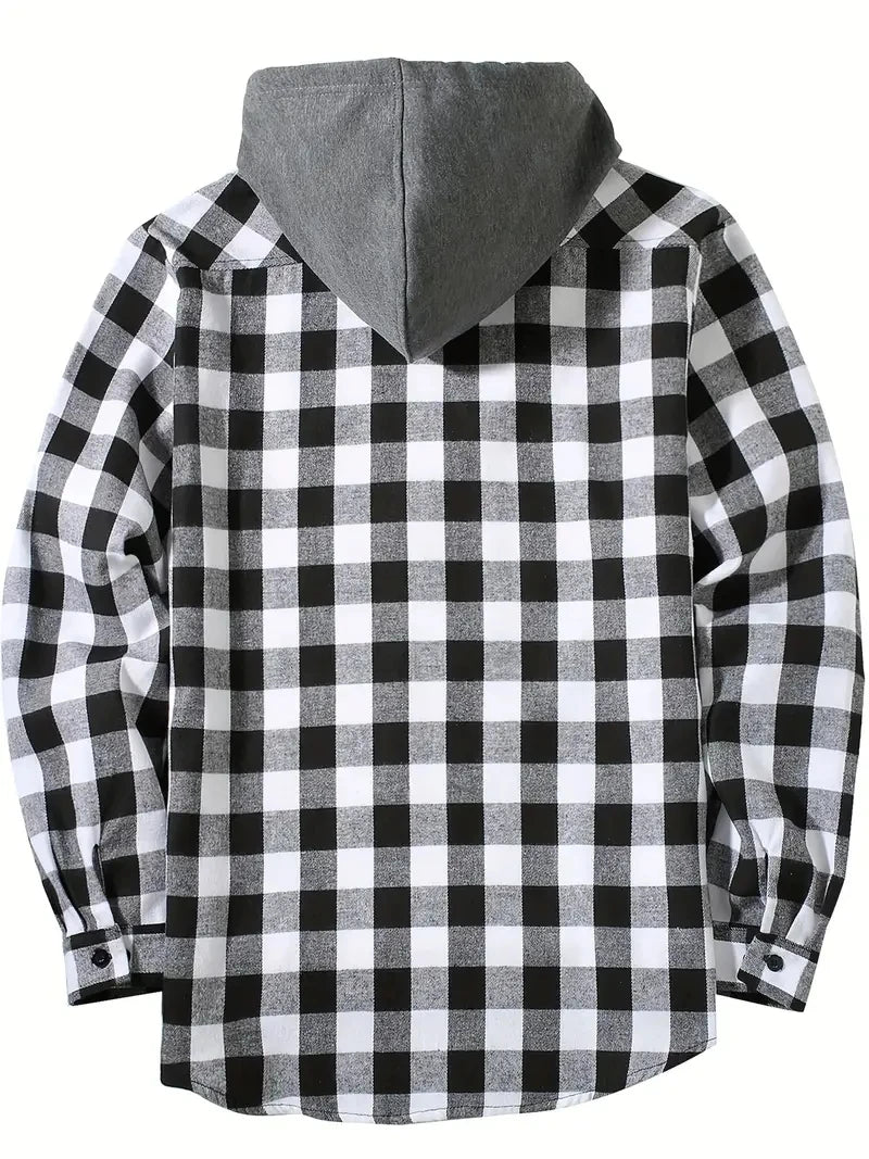 Youth Fashion Street Hooded Plaid Shirt Men's Slim Fit Long Sleeved Shirt Couple Travel Casual Shirt Men's Sports Shirt Jacket