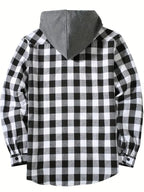 Youth Fashion Street Hooded Plaid Shirt Men's Slim Fit Long Sleeved Shirt Couple Travel Casual Shirt Men's Sports Shirt Jacket