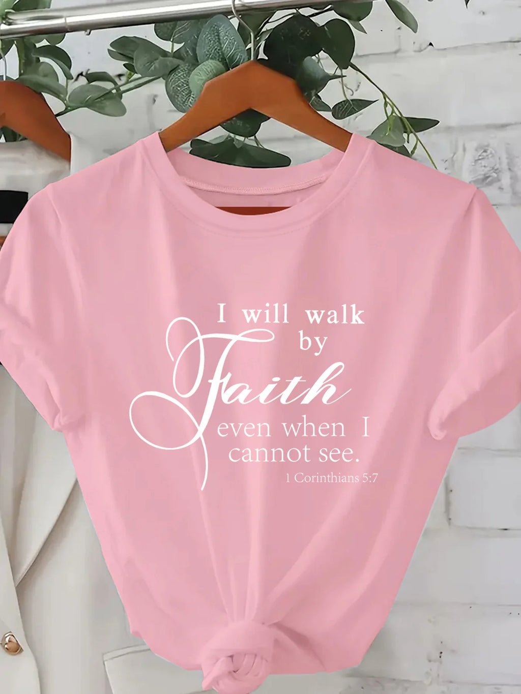 Walk By Faith Women's Tee - Bible Verse Graphic Pink Casual Top