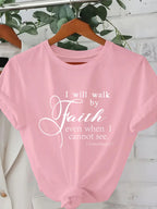 Walk By Faith Women's Tee - Bible Verse Graphic Pink Casual Top