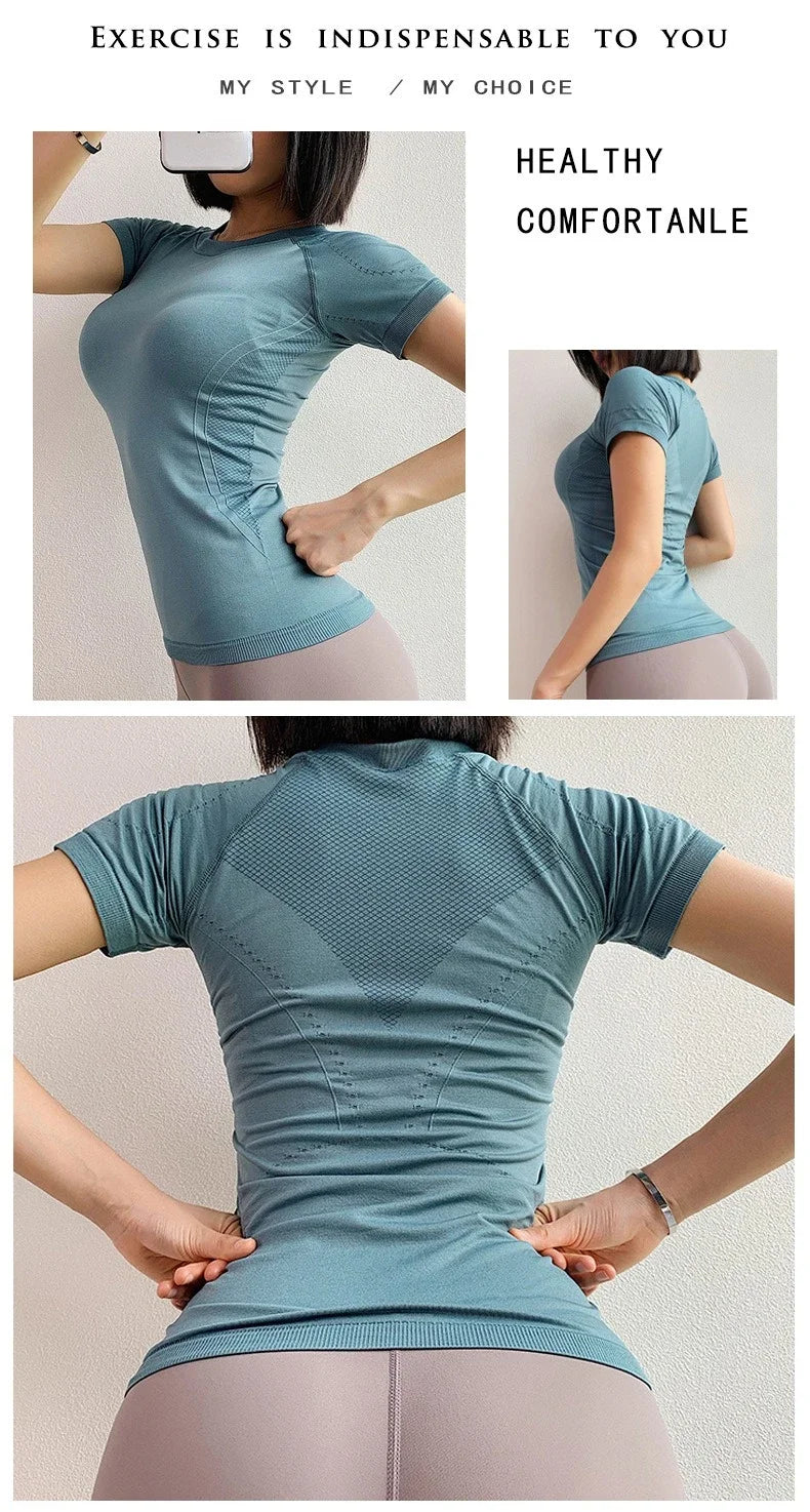 Women Yoga Shirts Sports T Shirt Summer Short Sleeve Round Neck Breathable Stretchy GYM Yoga Slim Fitness Active Top Tee