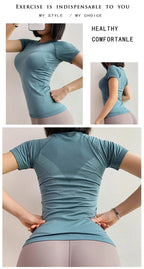 Women Yoga Shirts Sports T Shirt Summer Short Sleeve Round Neck Breathable Stretchy GYM Yoga Slim Fitness Active Top Tee