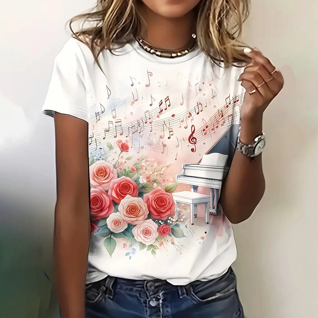 Women's T Shirt Flower Graphic Print Casual Short Sleeve Female Crew Neck T-Shirts Summer  Street Fashion Tops Outdoor Clothes