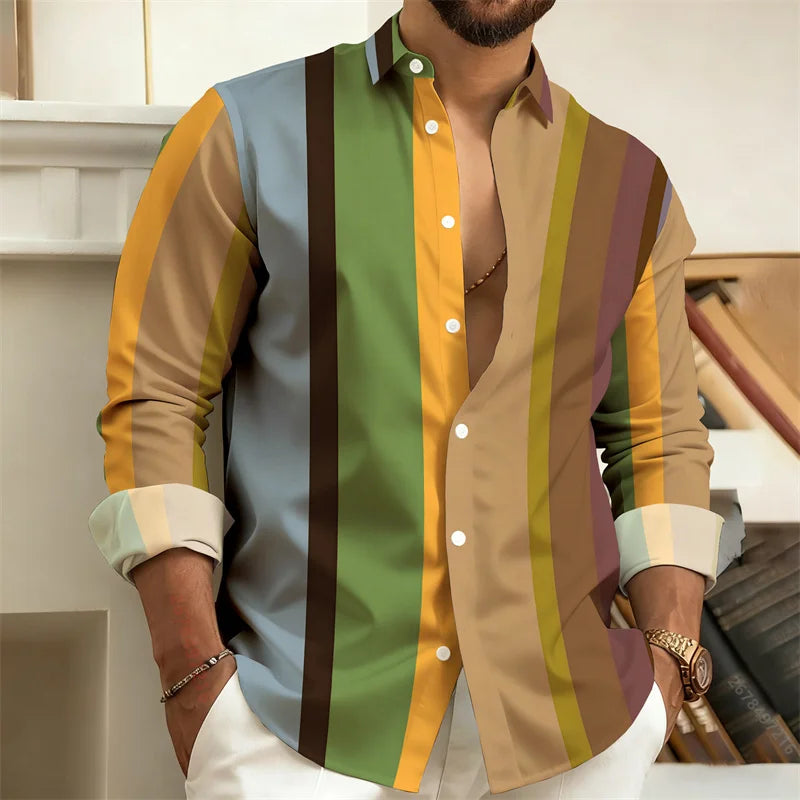 Men's Color-Blocked Striped Long-Sleeve Shirt, Retro Style Business Casual Shirt, Slim Fit Men's Trendy Top, Sizes S-6XL