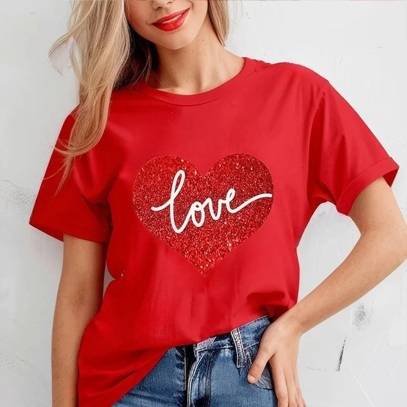 New Tshirts for Women Casual T Shirts Casual Tee Clothes Valentine Leopard Love Heart Printed T-Shirts Hip Hop Street Tops
