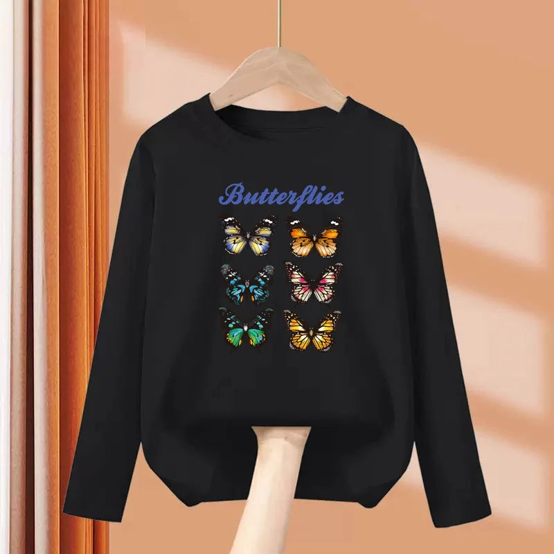 Girls New Autumn Clothes Paris Eiffel Tower T-shirt Long sleeved Cotton Tops Little Girl Butterfly Party Tees