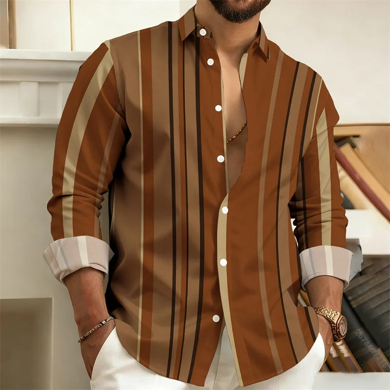 Men's Color-Blocked Striped Long-Sleeve Shirt, Retro Style Business Casual Shirt, Slim Fit Men's Trendy Top, Sizes S-6XL