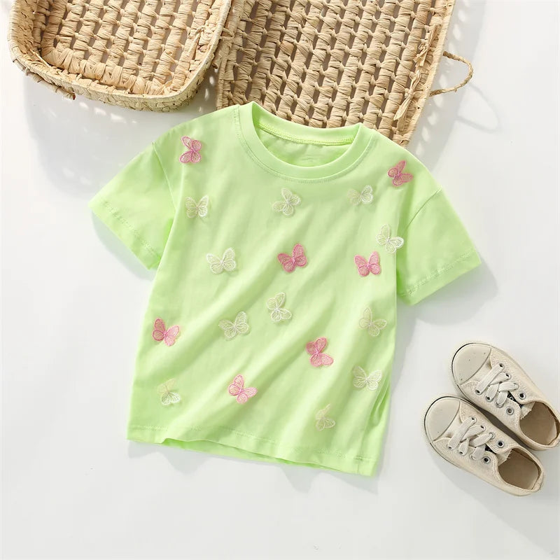 Jumping Meters 3-8T Animals Summer Girls Tshirts Butterflies Applique Short Sleeve Baby Clothes Embroidery Children's Tees