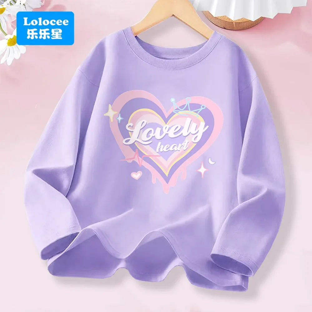 Kawaii Lovely Heart T-shirt for Girls - Cute Pink Purple Heart Print Long Sleeve Top, Kids Casual Cotton Basic Shirt