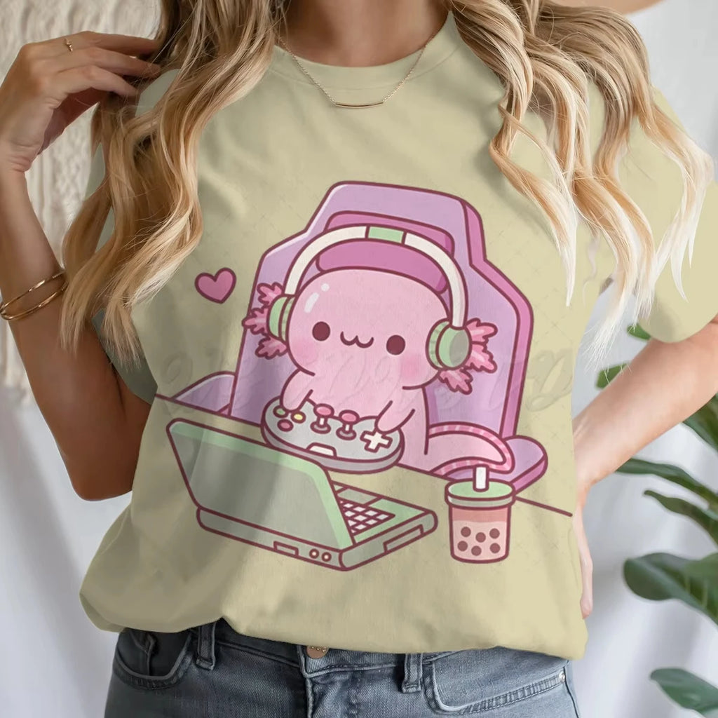 Girls' Summer Clothes Cute Axolotl Playing Games Graphic T-Shirt 3D Print Tie Dye Children's Clothing for Girl Short Sleeve Tee