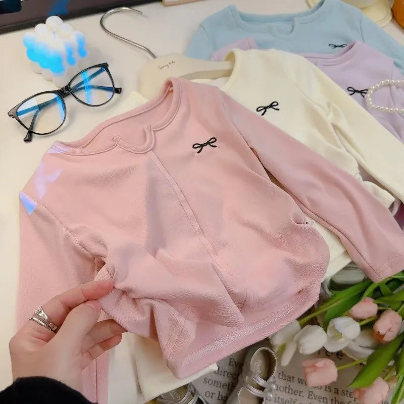 1-12Y Bow T-shirt Embroidered Girls Base Layer Fashionable Long Sleeved Simple Sweet and Cute Knitted Top for Girls Wholesale