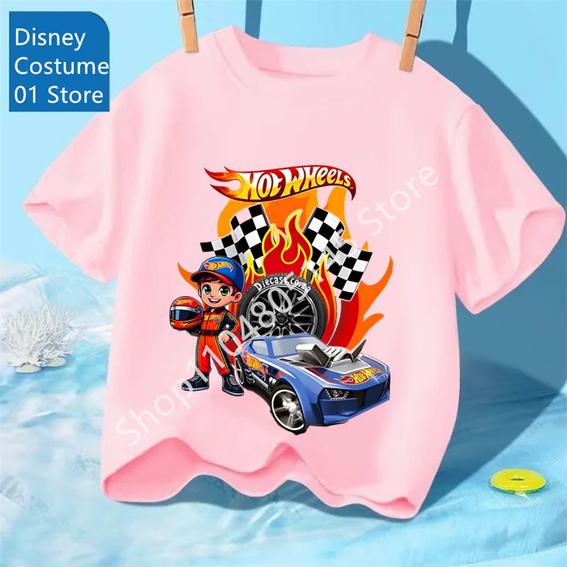 Summer Kids T Shirt Hot Wheels T-shirt Boys Girls Short Sleeve Tops Cartoon Cars Graphic Trucks Print T-shirt Children Clothing
