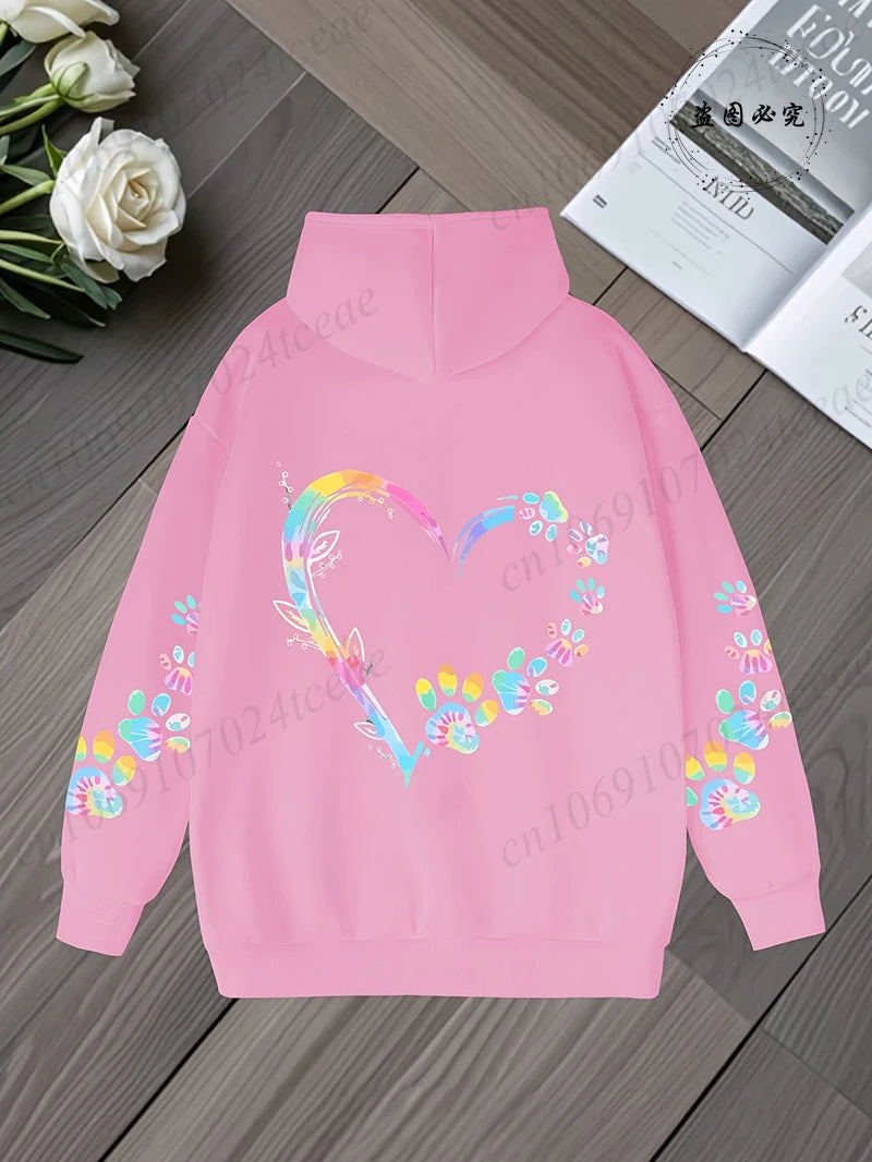 Heart Dog Paw Printed Hoodies Women Casual Fashion All Match Hoody Fleece Warm New Pullovers Harajuku Trend Hooded Sweatshirts