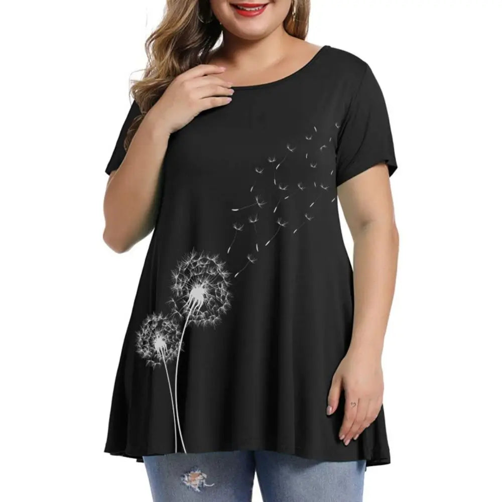 Large Size Loose Fit Women's T-shirt Summer New Short Sleeve Crewneck Tshirt Flower 3d Print Top Plus Size Ladies Clothing