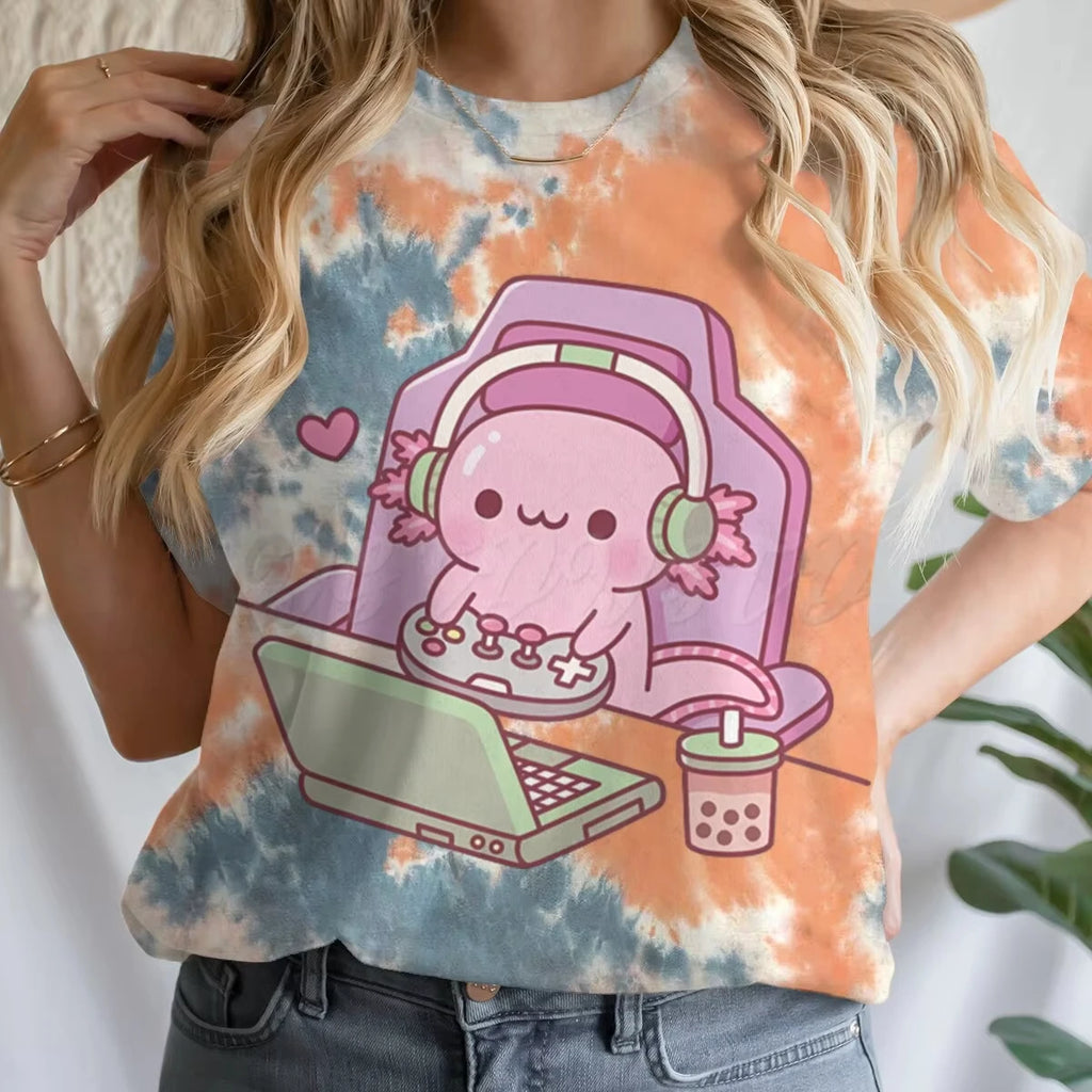 Girls' Summer Clothes Cute Axolotl Playing Games Graphic T-Shirt 3D Print Tie Dye Children's Clothing for Girl Short Sleeve Tee