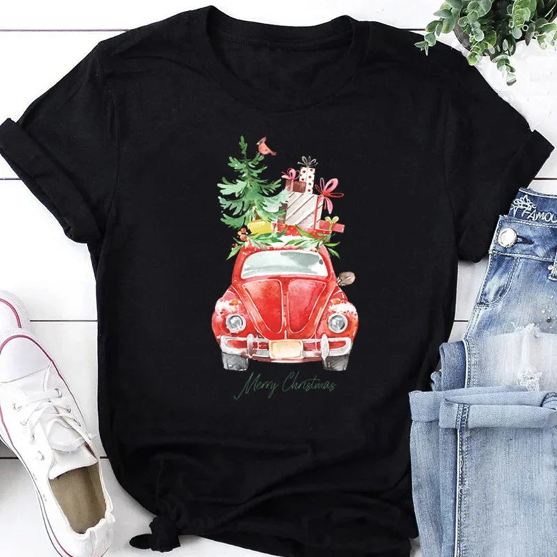 Women Tshirts Merry Christmas Tree Print Red Top Femal New Clothing Short Sleeve 90s Girls Lucky Deer T-shirts Aesthetic Clothes