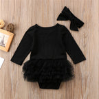 0-24months Baby Girls Long Sleeve Romper Casual Round Neck Infant Girls Princess Bodysuit With Bow Headband