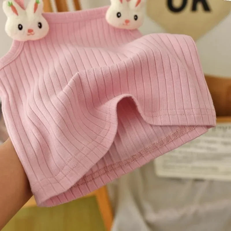 1-8Y Children's Knitted Sling Top Sleeveless Short T-Shirts 2025 Summer Thin Base Suspenders Girls Baby Rabbit Mushroom Tops