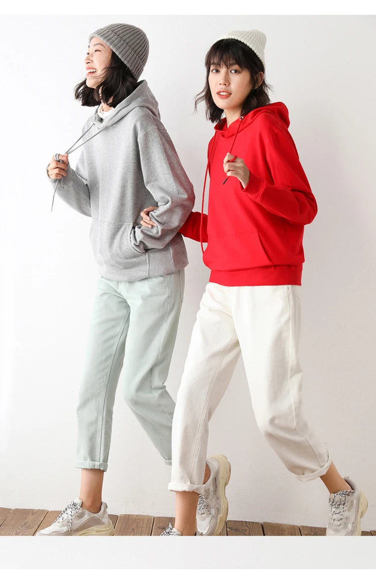 Women Hoodies 100% Cotton Spring Autumn Loose Long Sleeve Pullovers Solid Casual Ladies Outerwear Hooded Hoodie Womens Clothing