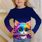 Girls Clothes for Kid Long Sleeve T-Shirt Children from 9 to 12 Years Cute Cartoon Cat Animal Printed Polyester Autumn Tee Shirt