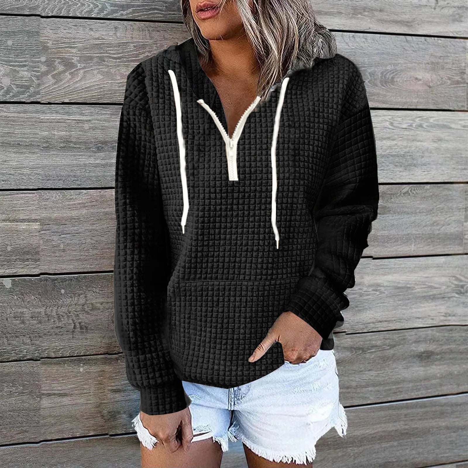 Plus size women's clothing hoodies casual home wear women's zipper hooded pockets solid color waffle grid long sleeved hoodies