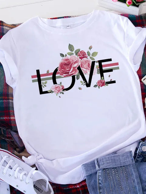 Plus Size Brave Soul L American Retro Letters Love White T-shirt Women Short Sleeve Round Neck Casual Top Summer Aesthetics Tops