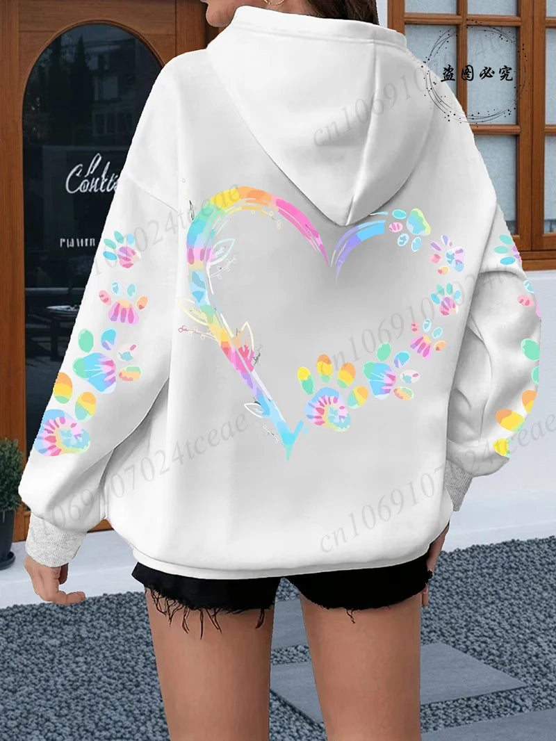 Heart Dog Paw Printed Hoodies Women Casual Fashion All Match Hoody Fleece Warm New Pullovers Harajuku Trend Hooded Sweatshirts