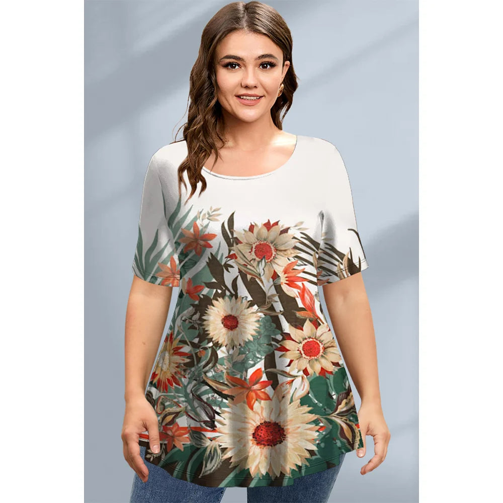 Large Size Loose Fit Women's T-shirt Summer New Short Sleeve Crewneck Tshirt Flower 3d Print Top Plus Size Ladies Clothing