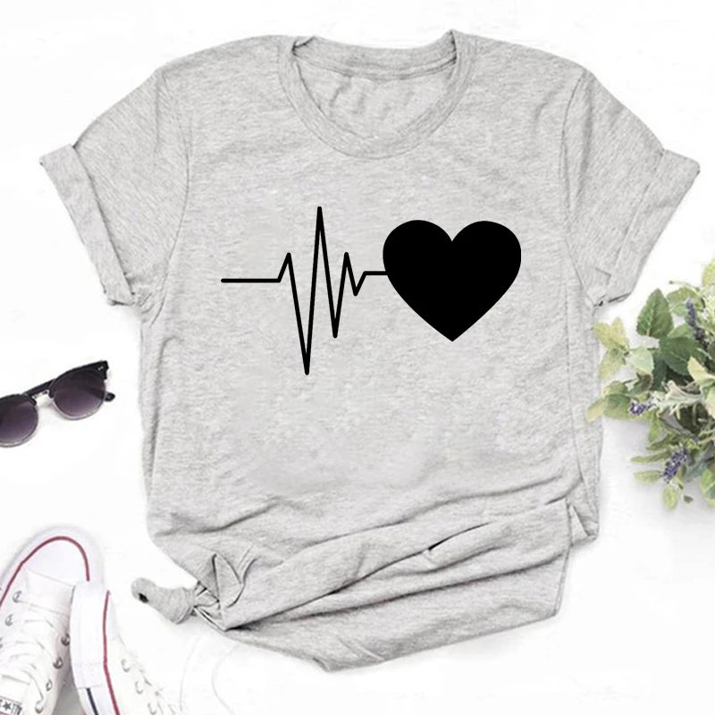 New Women T Shirt Cute Than Heart Printed T-shirt Fashion Love Heart Loose Short Sleevs Round Neck T-shirt Casual Female Tops