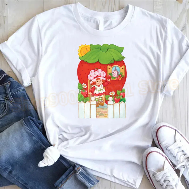 Cute Strawberry Shortcake T-Shirt for Women Retro Cartoon Printed T Shirts Loose Short Sleeved Tops Casual Round Neck Tees