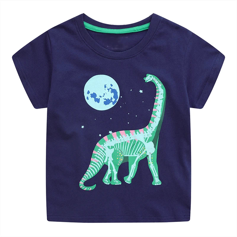 Little maven 2026 New Fashion Boys T-shirt Summer Luminous Dinosaur Animal Cotton Causal Clothes Lovely Tops for Kids 2-7 year