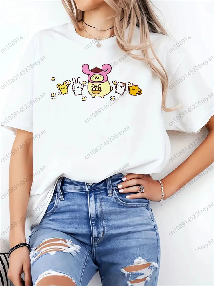 Women T Shirt Funny Pom Pom Purin Printed Tops Tee Female Short Sleeve Tshirt Harajuku Tee Shirts 90s Girls T-shirts